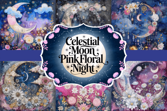 Celestial Moon Pink Floral Night: Designing with Mystical Digital Paper