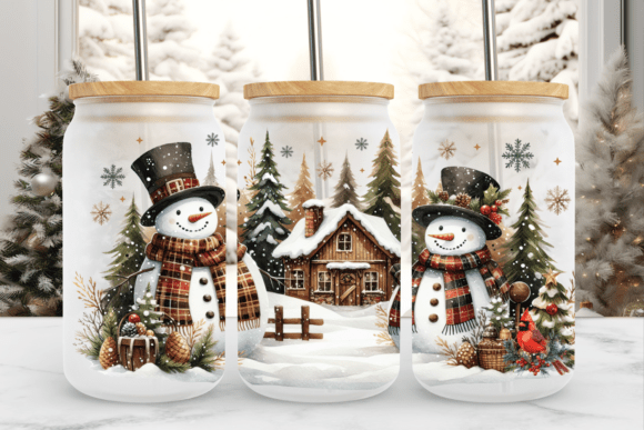 Christmas Snowman 16oz Glass Can Wrap: A Rustic Winter Design