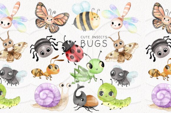 Whimsical Design with Cute Bugs, Insects Clipart